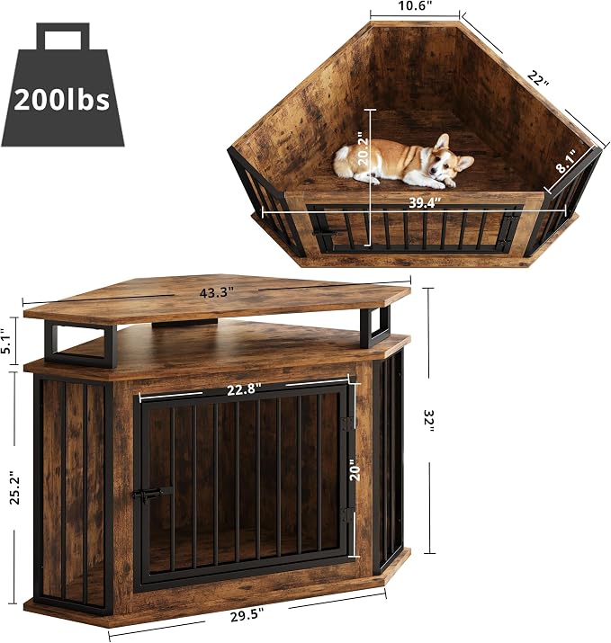 IRONCK 43.3" Corner Dog Crate Furniture with 2-Tier Shelves Rustic Brown | 10mm thickened iron frame. 180 lb tabletop. 23.6"L x 43.3"W x 32"H. Space-Saving Indoor crate for small dogs