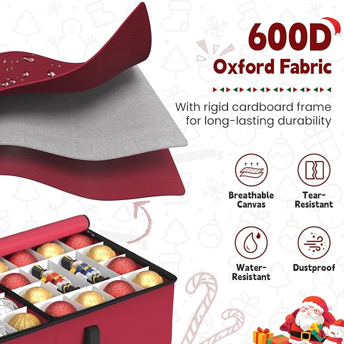 Sunvigor Christmas Ornament Storage Box with 8 Trays, Fits 128 Holiday Ornament Christmas Storage Container with Adjustable Dividers, Dual Zippers, 600D Oxford Christmas Decorations Storage(Rose Red)