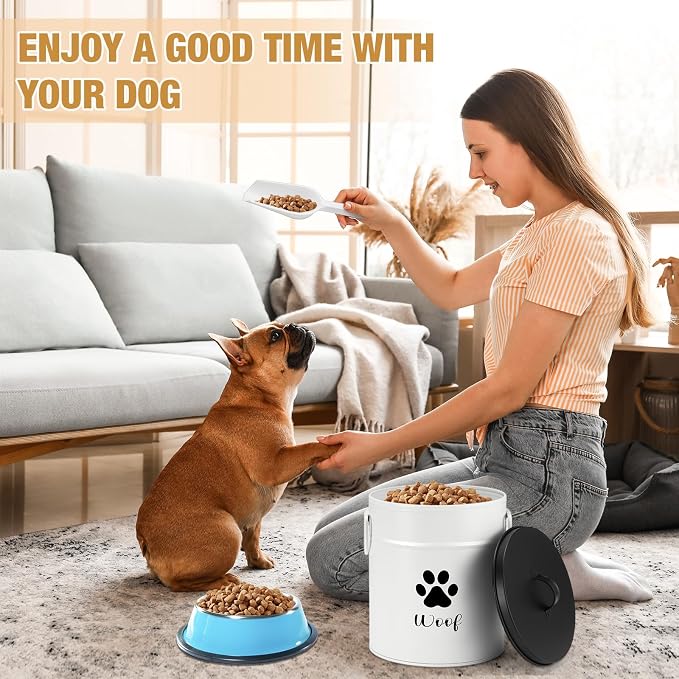 DoubleFill Extra Large 23+10 lb Metal Dog Food Storage Containers, White | Airtight Dog Treat Snack Jars with Lids and Spoon, Farmhouse Style Big Pet Cookie Storage Bin for Kitchen Counter, Set of 2