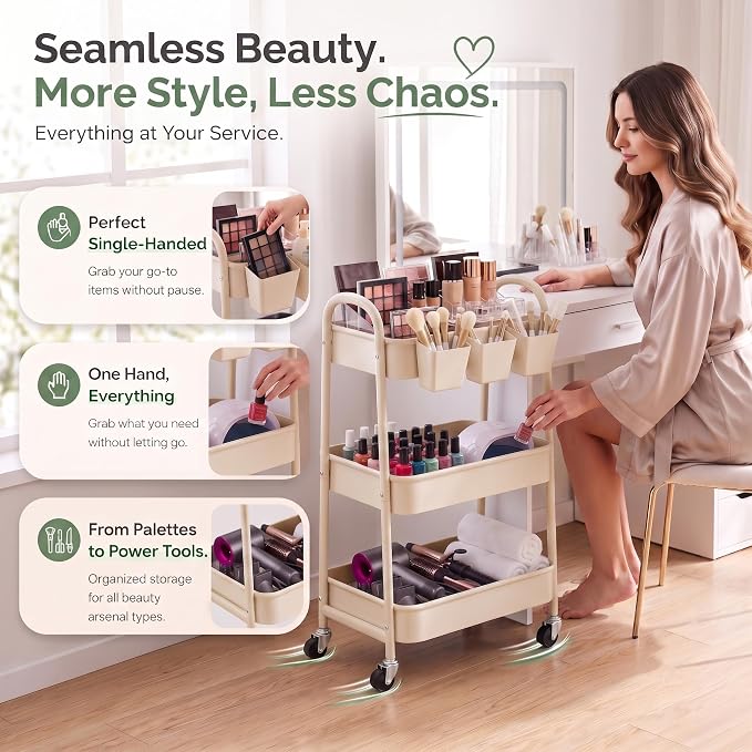 Beige 3 Tier Rolling Cart Metal on Wheels, Three Tiered Storage Organizer Utility Trolley with Wheels for Art, Craft, Baby Diaper Caddy, Snack, Book, Nail, Lash, Cleaning Supplies, Kitchen, Bathroom