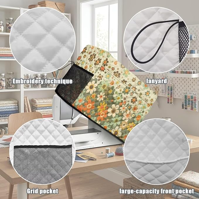 Sewing Machine Cover Polyester Febric Retro Daisy Cottage Print | Dust Pet Hair Protection,Quilting Design,Fits Standard Singer,Brother Janome Machines,Protecting Decorating Your Sewing Space