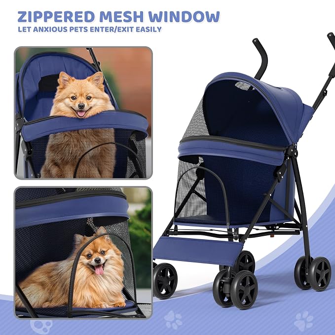 Magshion Compact Fold Pet Travel Stroller for Small Dogs Cats, Navy Blue | Up to 22lbs, 4-Wheel Lightweight Umbrella Shaped Design, Safety Tethers, Breathable Mesh, Cup Holder & Rear Storage