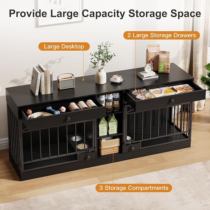 IDEALHOUSE 78.7" Double Dog Crate Furniture with Storage and 2 Doors, Black | Dog Kennel Indoor with Feeding Bowls, Wood Dog Crate TV Stand for Small Medium Dogs