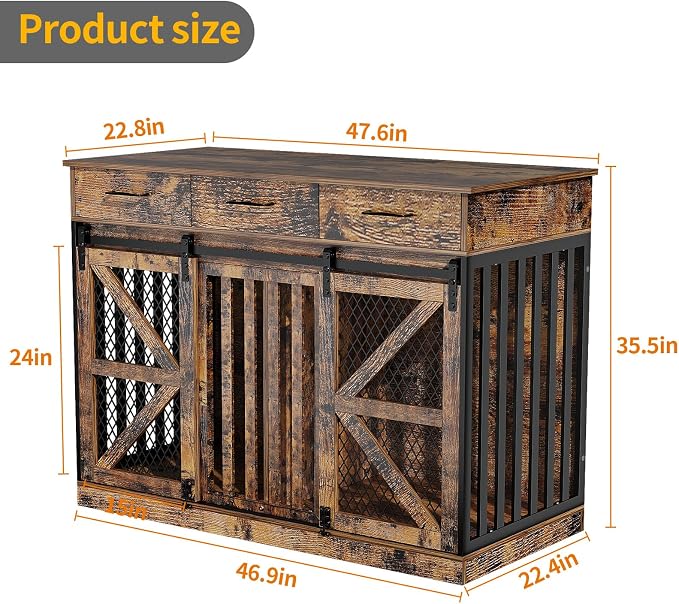 Spacesea Large Dog Crate Furniture with Sliding Barn Door, 48" Wooden Dog Kennel Indoor End Side Table for Home Decor, Removable Divider, 3 Drawers, Furniture Style Dog Crate TV Stand