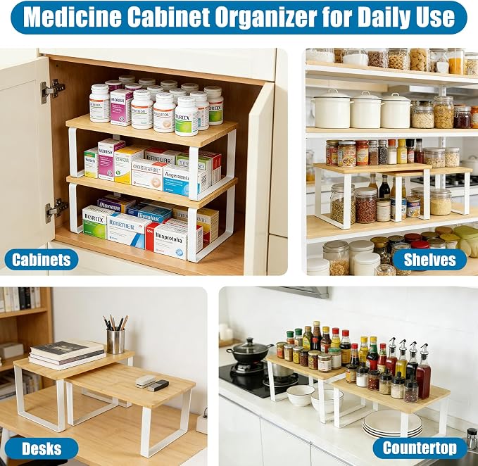2 Pack Medicine Cabinet Organizer, Expandable and Stackable Medicine Bottle Organizer Shelf, Pill Bottle Organizer for Cabinet and Countertops, Rack for Medicines and Vitamins, Made of Metal & Wood