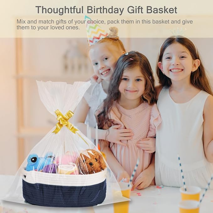 Small Woven Gift Basket with Bag & Ribbons, Navy Blue | Cotton Rope, 13”x 9”x 5.5”, Fits for Kids, Women & Men, Bedroom, Living Room, Nursery & Bathroom Storage, Cat & Dog Toy Boxes