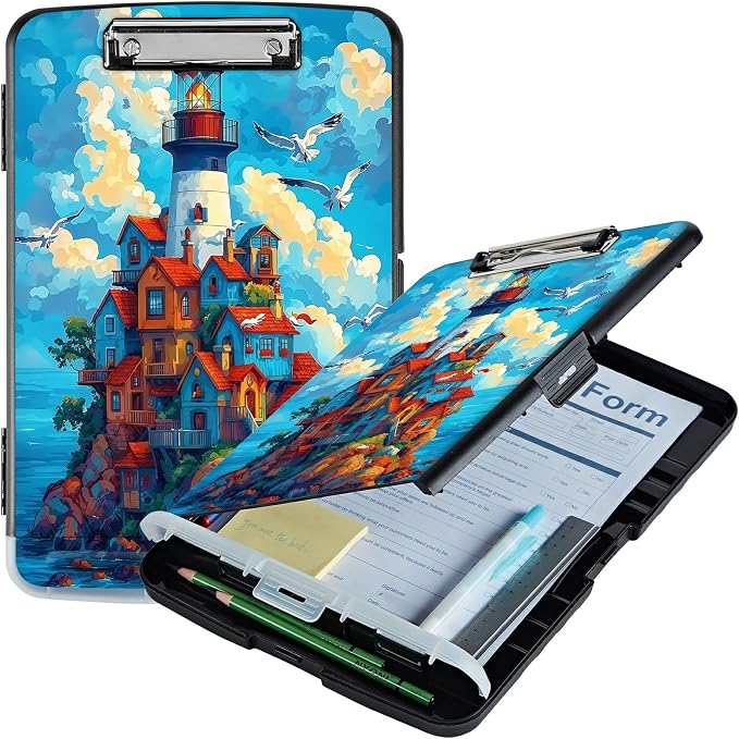 A4 Clipboard with Storage Pen Holder, Clipboards Organizer Nursing Clipboard Foldable File Folder Plastic Clipboard Folio Clip Board for Office Work Classroom Doctor, Blue Sky Castle