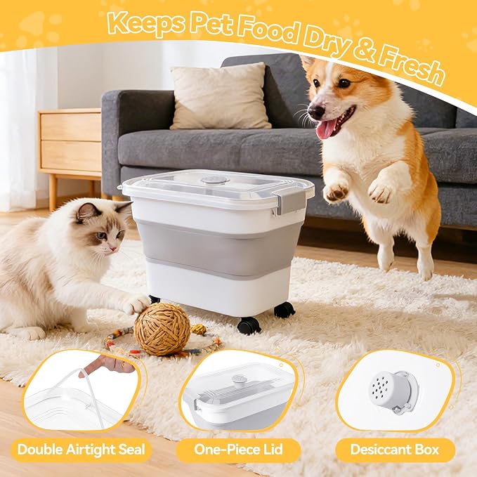 Dog Food Storage Container 25-30lbs, Airtight Pet Food Bin with Transparent Lid, Collapsible Design with Rolling Wheels & Scoop, Space-Saving, Light Gray