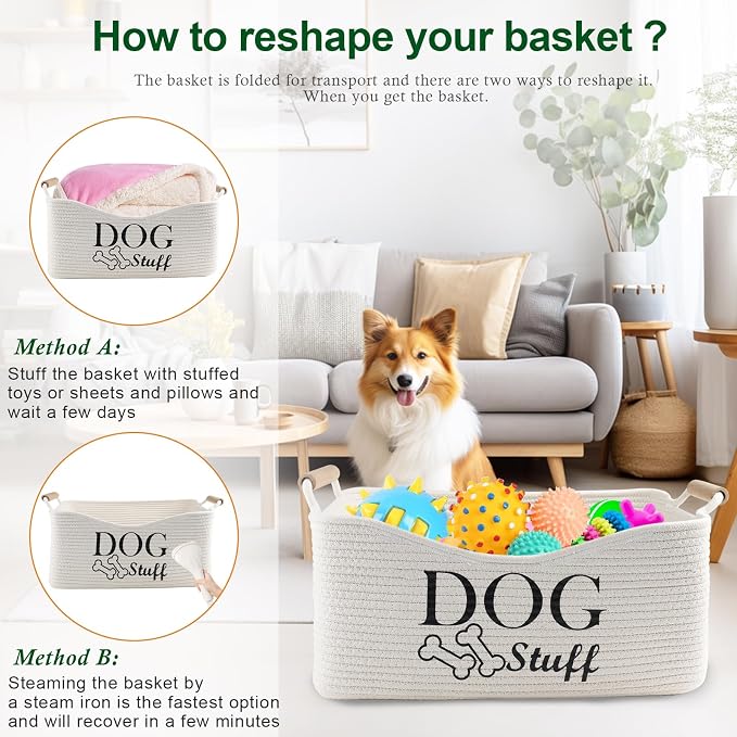 Woven Dog Toy Basket,Dog Stuff Organizer,Collapsible Dog Toy Bin | 100% Cotton Rope Basket with Wood Handles, Dog Organizer for Dog Toys,Collar,Leash,Blankets,Soft and Durable-Beige