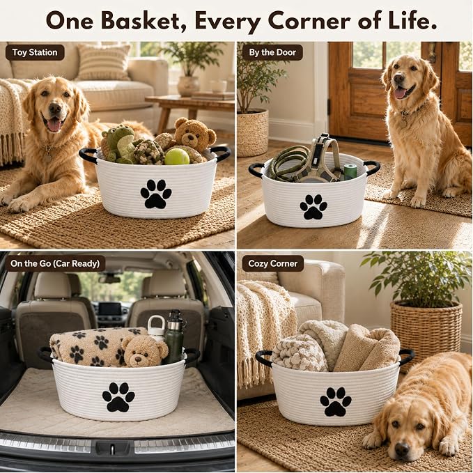 Dog Toy Basket with Handles, Cotton Rope Storage Bin Organizer for Pets | Holds toys, blankets, leashes & dog stuff. Machine washable, collapsible, free-standing woven bin with embroidered paw.