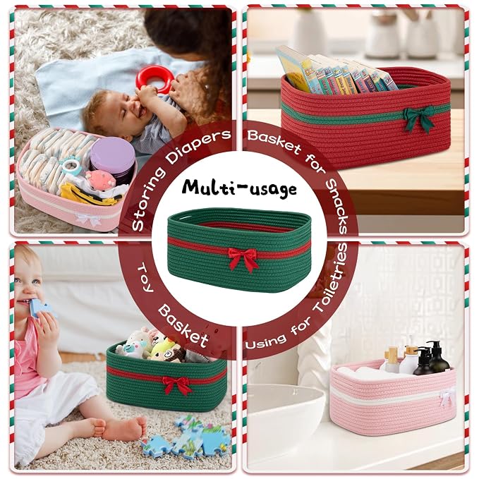 OIAHOMY Christmas Basket with Gift Bags and Ribbons, Woven Storage Basket for Decorations, Nursery, Pets - Red