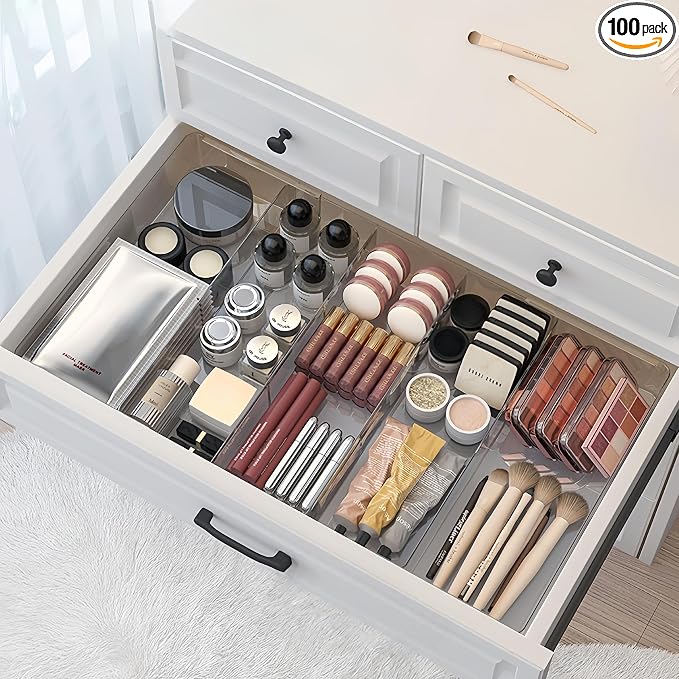Expandable Drawer Storage Box with 6 Removable Dividers - 2.04" Depth for Light Drawers, Kitchen Utensils, Cosmetics, Office Supplies Organizer (10.43" Length, 20.27" Width)