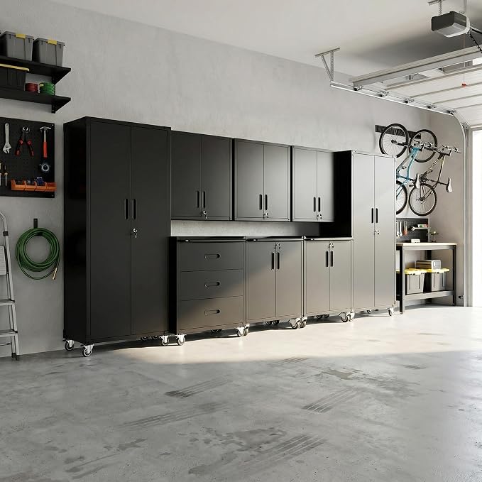 Garage Cabinet System | Heavy Duty Steel All-in-One Modular Garage Cabinet Set for Ultimate Workshop Organization | Easy Assembly Garage Storage Cabinets & Tool Bench