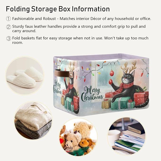 Christmas Cat Storage Basket with Waterproof Liner and PU Handles Xmas Bells Winter Kitty Snowflake Storage Bins Boxes 14.2" Collapsible Decorative Organizer Baskets for Bedroom Closet Office 1 Pack