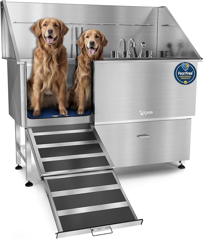 Professional Dog Washing Station 304 Stainless Steel Pet Wash Sink | Grooming Bathtub w/Shower, Floor Grates and Storage for Large, Medium & Small Pets (Silver, 61 Inches, Left Ramp, 1 Drawer)