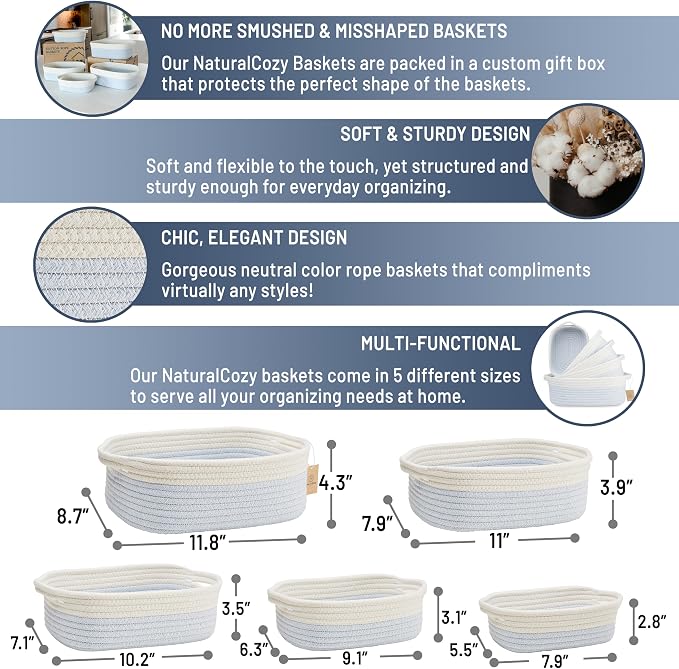 NaturalCozy 5-Piece Rectangle Storage Basket Set- Natural Cotton Rope Woven Baskets for Organizing! Small Basket for Montessori, Baby Nursery, Dog Toy Baskets, Cat Toy Box, Bathroom Organization Bin