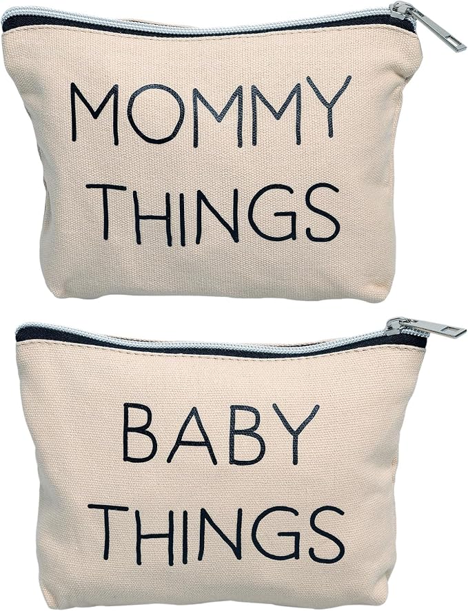 Pearhead Mommy and Baby Things Zipper Pouches, Set of 2, Organizer Bags | Diaper Bag Storage Organizer, Canvas Zipper Organize Bags for Travel or Hospital Bag, New Mom Gift, Cosmetic Makeup Bag