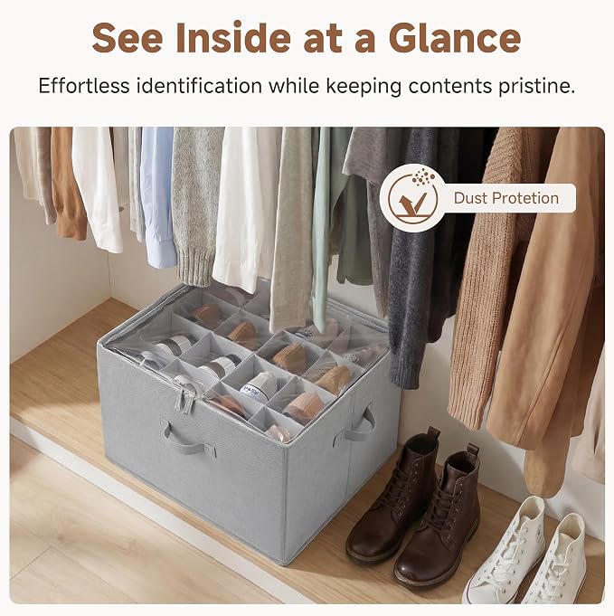 StorageWorks 2-Pack 32-Pair Shoes Organizer with Adjustable Dividers, Grey | Holds up to 16 Pairs Each, Foldable, Clear Lid, Reinforced Handles, Fits Sneakers, Sandals & Flats, For Closet, Entryway