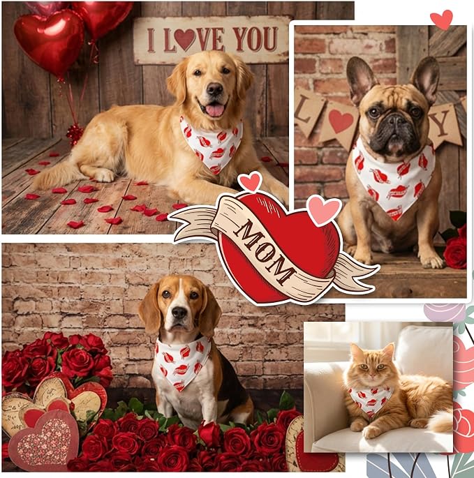 Valentines Day Dog Bandanas - Vintage Mom Heart Print, Holiday Costume Pet Scarf, Adjustable Snap Button for Small & Medium Breeds (5-30lbs)