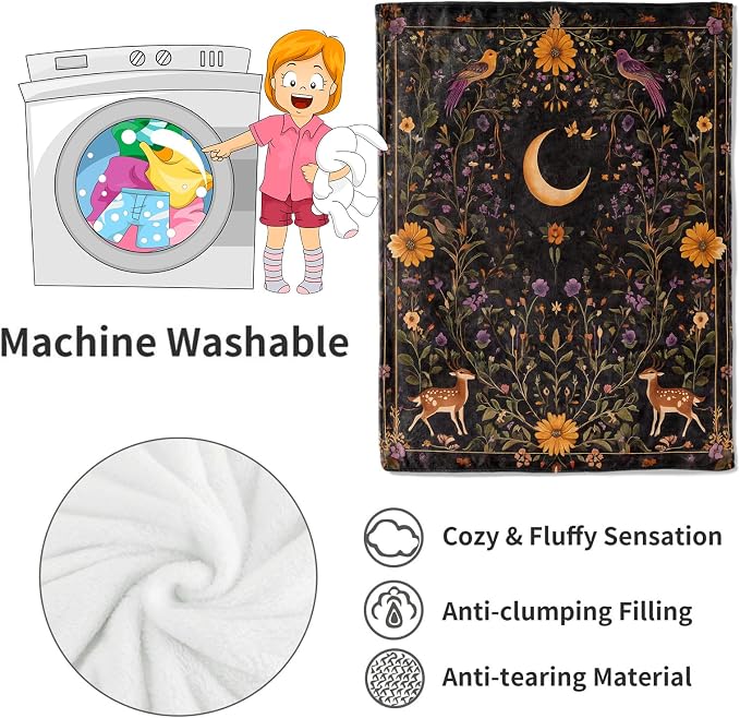 Mystical Moon and Deer Blanket Enchanting Floral Throw Blankets,Birthday Gifts for Kids Girls Women,Lightweight Soft Fleece,Nature Lovers,Sofa Couch Bed Room Modern Decor 50x60in