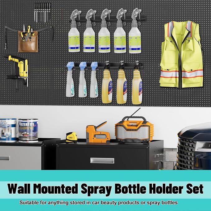 Spray Bottle Holder Wall Mount,14 Inch Metal Universal Lightweight Organizer Holds 6 Spray Bottle Organizer for Garage Storage Car Wash Auto Detailing Tools Organizer