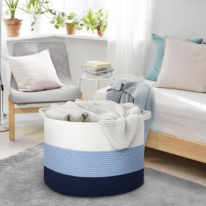MEGASKET Large Kids Toy Basket, 22" x 14" Soft Woven Cotton Rope Basket, Toy Storage Bin for Kids, Big Baby Nursery Organization, Floor Stuffed Animal Storage, Blanket Pillow Holder for Living Room