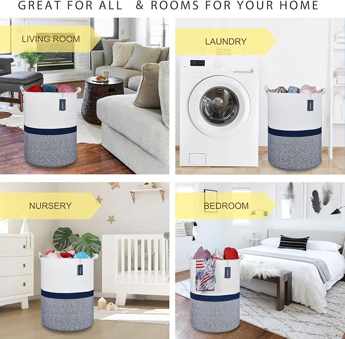 COMSE Tall Woven Blanket & Laundry Basket, 72L, Blend White & Navy Blue | 15.7”x 21.7”, Cotton Rope, Large Nursery Hamper for Storage of Toys Clothes Towels, Great for Living Rooms Bedrooms Bathrooms