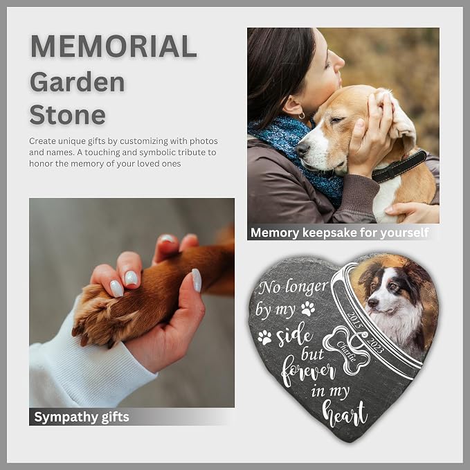 Wrappiness Pet Memorial Stone - Forever in My Heart, Personalized Dog Memorial Gifts, Remembrance Condolences Bereavement Gifts for Loss of Pet Custom Photo (Heart 05, Stone with Stand)