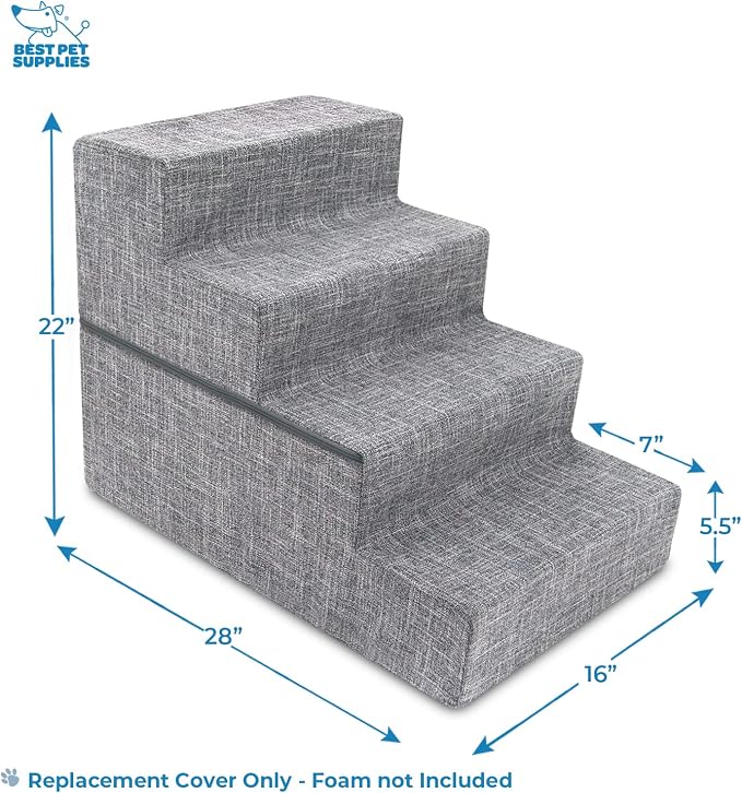 Best Pet Supplies Dog Stairs & Steps - Foam Steps for Small Dogs & Cats, Non-Slip Indoor Balanced Pet Step Support, Dog Ramp, No Assembly, Ash Gray Linen, Foldable 4-Step (22-inch Height)