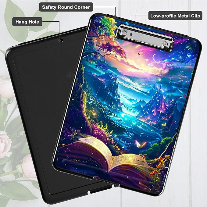 Book Mountains A4 Clipboard with Storage Pen Holder, Clipboards Organizer Nursing Clipboard Foldable File Folder Plastic Clipboard Folio Clip Board for Office Students Classroom Doctor
