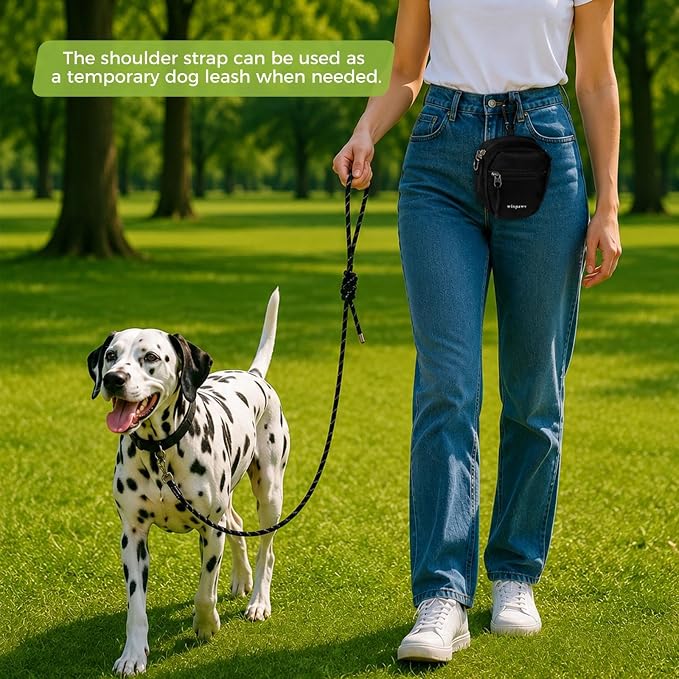 Dog Treat Pouch with Poop Bag Holder, Small Crossbody Bag for Puppy Training and Walking, Shoulder Strap Can Use as Dog Leash- Pet Travel Accessories, Metal Carabiner Attached (Black) | 900D Oxford Fabric