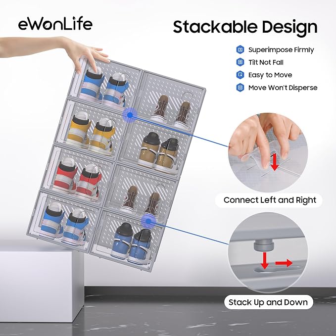 Large Shoe Organizer Storage Box with Magnetic Door,12 Pack Clear Plastic Stackable Sneaker Containers for Closet, Connect Left and Right Shoe Box for Entryway, Drop Front, Under Bed (Grey)