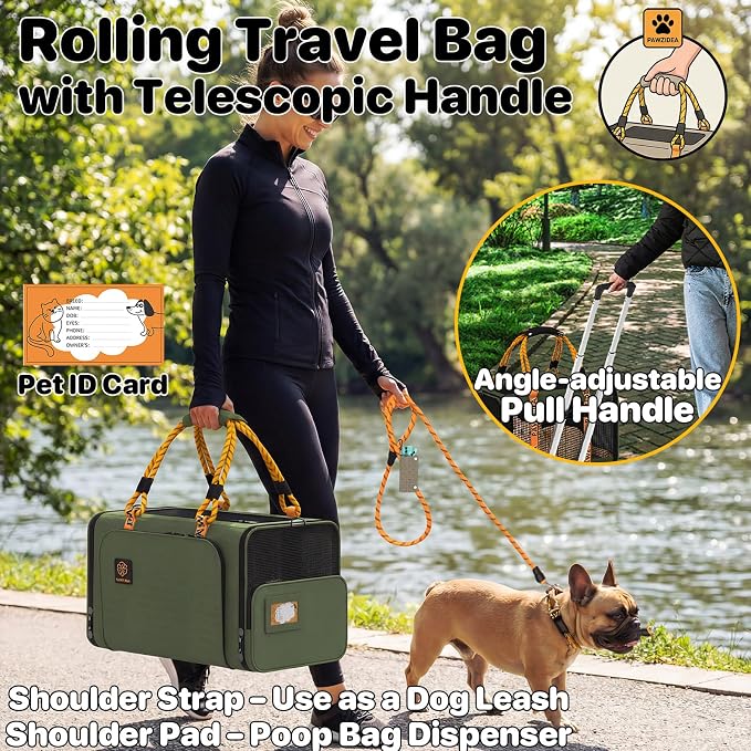 PAWZIDEA Expandable Pet Carrier with Wheels, TSA Airline Approved, Up 18lbs | 18x11x11 Underseat, Rolling Soft-Sided Carrier for Large Cats & Small Dog Travel Bag, Self-Locking Zippers, Telescopic Handle