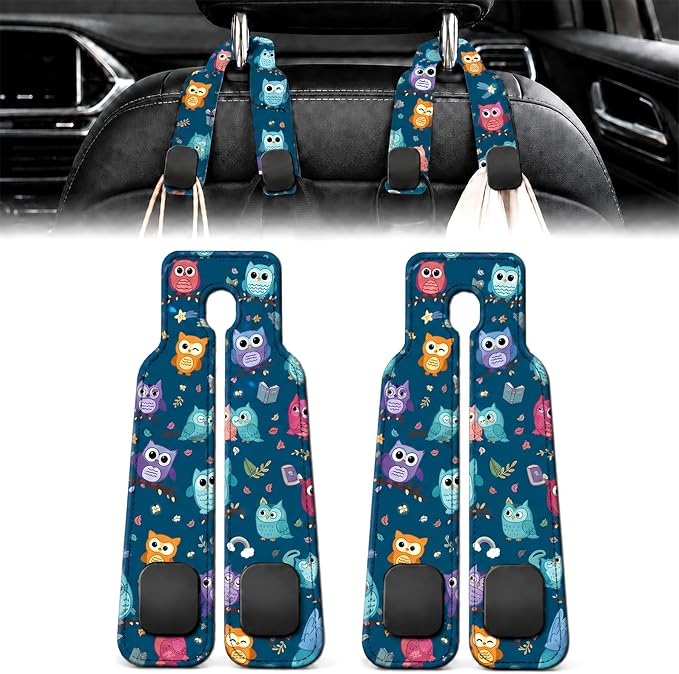 2 Pack Colorful Owl Car Headrest Hooks for Purses Bag Seat Back Hanger | Cute Owl Pattern Car Accessories Metal Hook,Bird Lover Gifts for Women,PU Leather Double Hook for Backseat Organizer