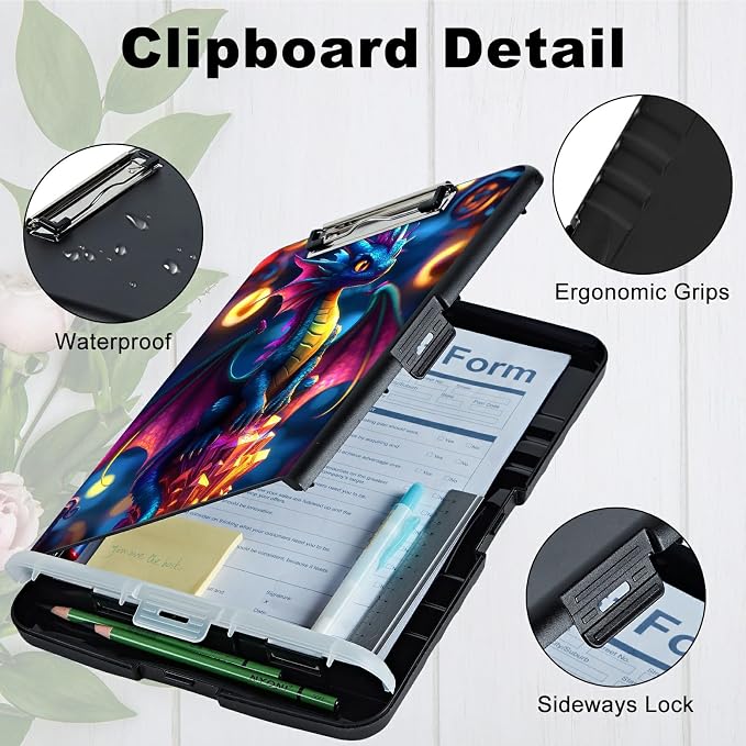 A4 Clipboard with Storage Pen Holder, Clipboards Organizer Nursing Clipboard Foldable File Folder Plastic Clipboard Folio Clip Board for Office Work Classroom Doctor, Blue Dragon