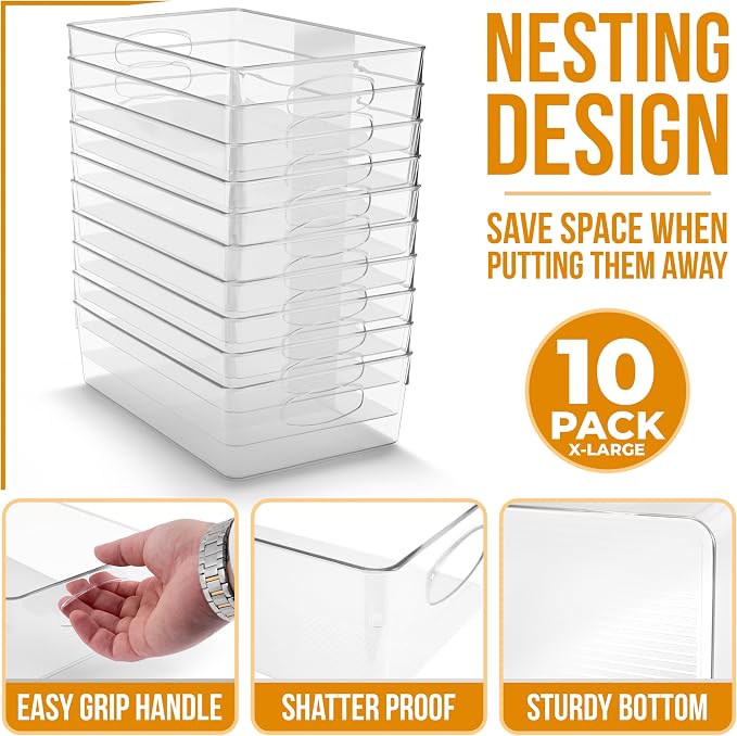 Sorbus Fridge Organizers and Storage, Clear Bins (Extra Large, 10 Pack) | Handles support easy access and transport for pantry shelves, freezers, drawers and medicine-cabinet organization.