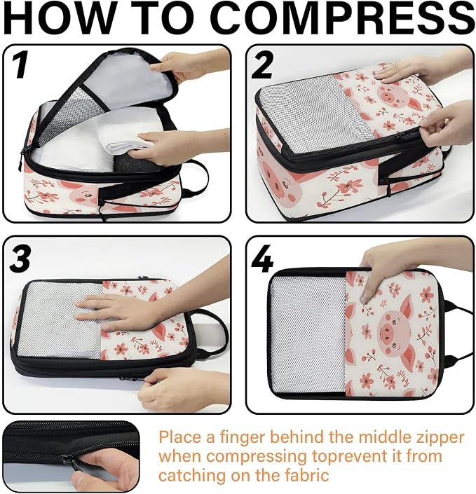 Cute Pig Faces Compression Packing Cubes Pink Pig 6 Set Travel Packing Cubes for Suitcases Lightweight Expandable Organizers