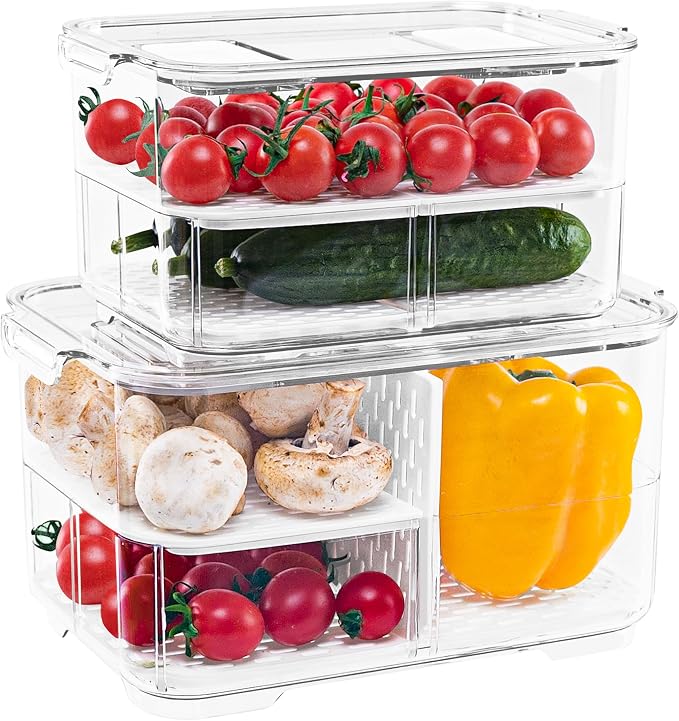 elabo Fruit Storage Containers Fridge Produce Saver- Stackable Refrigerator Organizer Keeper Drawers Bins with Lids and Removable Drain Tray for Veggie, Berry and Fruits, 1 Medium and 1 Large