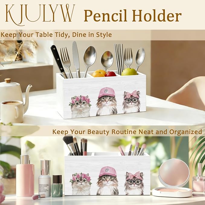 Cat Pen Holder for Desk, Cat Mom Lady Gifts, Pink Coquette Girly Kitty Wooden Box Pencil Pen Holder Organizer for Kids Room Home Office Desk Accessories