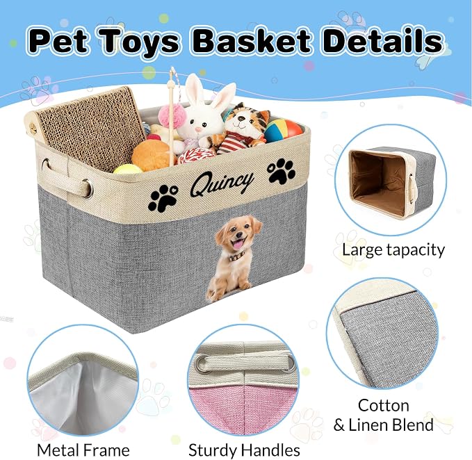 Personalized Dog Toy Storage Basket Bin with Name Photo Custom Pet Collapsible Organizer Box Container for Toys Coats Clothing Blankets