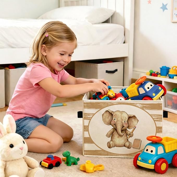 Cute Elephant Pencil Beige Stripe Foldable Fabric Storage Bin | Cute elephant pencil, beige stripe; foldable bin for toys, books, clothes in nursery, classroom or playroom.