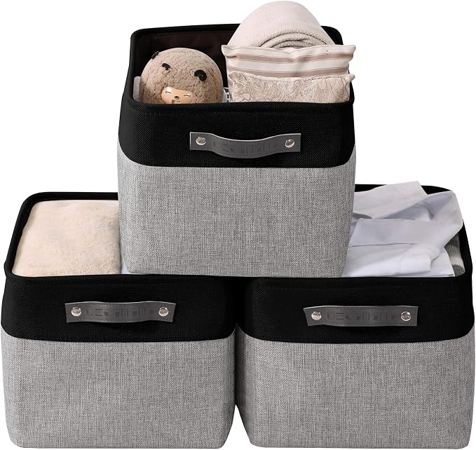 DECOMOMO Storage Bins, Extra Large Fabric Storage Baskets for Shelves 3Pack | 15.8 x 12.5 x 10 inches Decorative Linen Closet Organizers (Grey & Black)