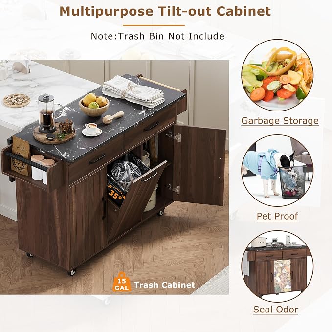 51" Kitchen Island with Trash Can - Rolling Kitchen Island on Wheels with Storage, Farmhouse Movable Kitchen Storage Islands & Carts with Drop Leaf, Marble Texture Wood Top, Walnut Brown
