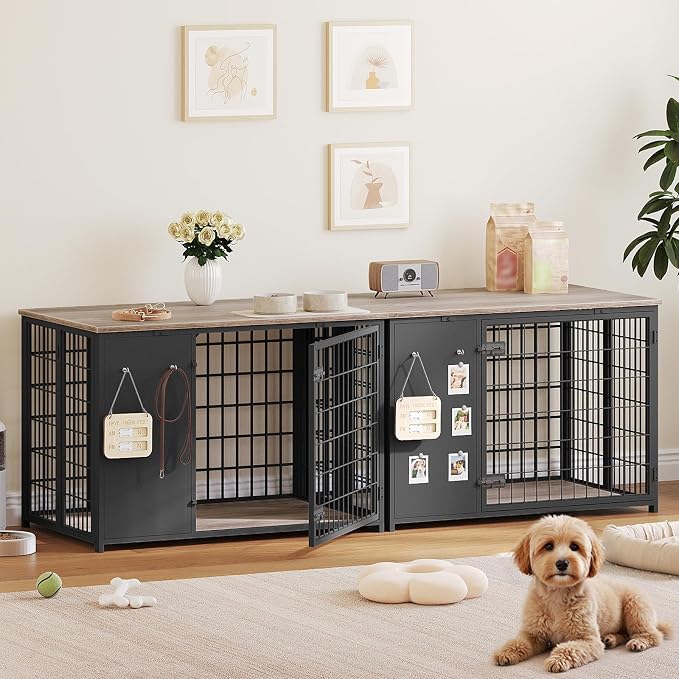 YATINEY Foldable Dog Crate Furniture, Dog Crate with DIY Frame, Heavy Duty Dog Kennel Indoor with Hooks, Wooden Dog Cage End Table, for Small/Medium Dogs, Greige DC95BG