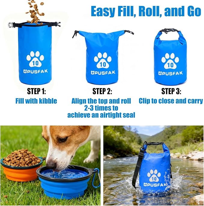 Pet Food Storage Bag with Bowl (64 Cup) - Zip Roll Top Dog Food Travel Bag Waterproof Kibble Container for Camping Road Trips Travel Dog Boarding Weekend Getaways Machine Washable 10L Blue