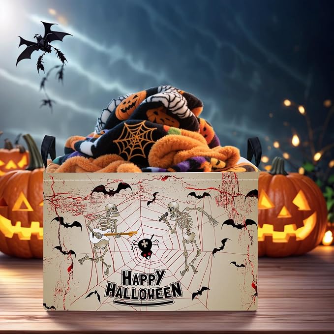 Halloween Basket Gift Terror Ghost Parties Decor Kid Trick or Treat Basket for Boys and Girls Rectangular Storage Bin Box (Skeleton Bat)
