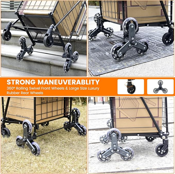 Upgraded Stair Climbing Shopping Cart for Groceries, 280LBS Grocery Cart | Waterproof Liner, 360° Rolling Swivel Wheels, Heavy Duty Utility Cart Folding Shopping Carts for Laundry Luggage Gift