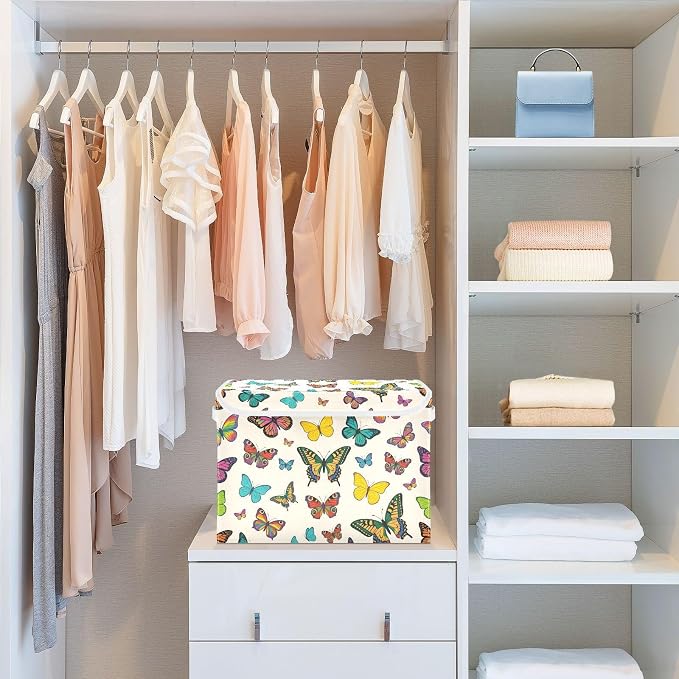 Storage Bins with Lid Colorful Butterfly Foldable Storage Boxes 40L Baskets | Decorative Storage Boxes, 300D Oxford Cloth, Hollow Board Frame, Flip Top Velcro Lid, 16.5x12.6x11.8 inch, Collapsible Design