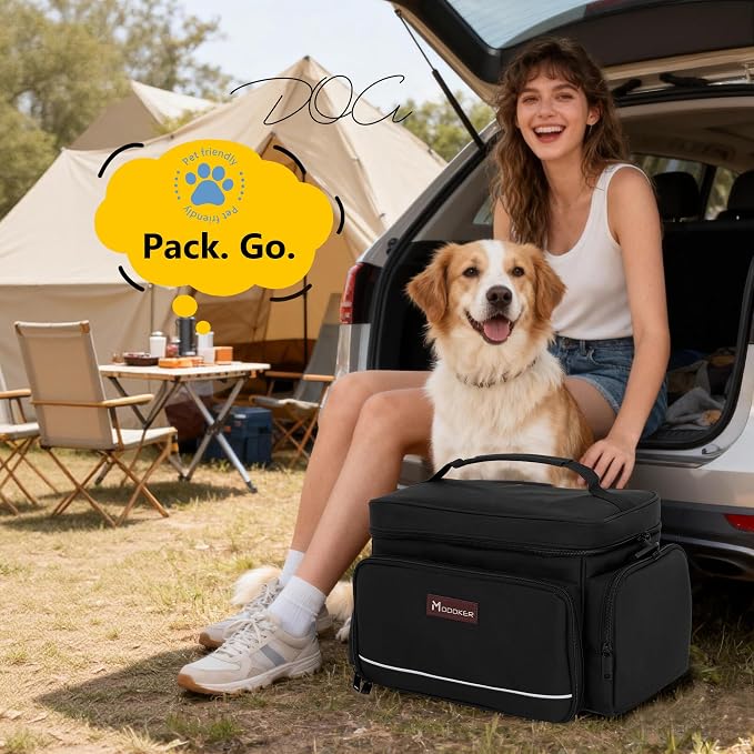 Modoker Large Dog Travel Bag Set with 2 Bowls and Food Bags, 17L Black | Large Pet Travel Organizer with 2 Food Containers, 2 Collapsible Bowls, Feeding Mat, Multiple Pockets and Adjustable Flap