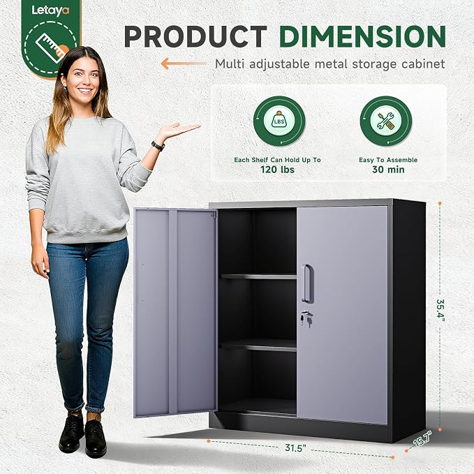 Metal Storage Cabinets with Lock Door and Shelves, Steel Garage Tool Cabinets for Home,Office, Warehouse,Lockers (36“-Black&Gray)